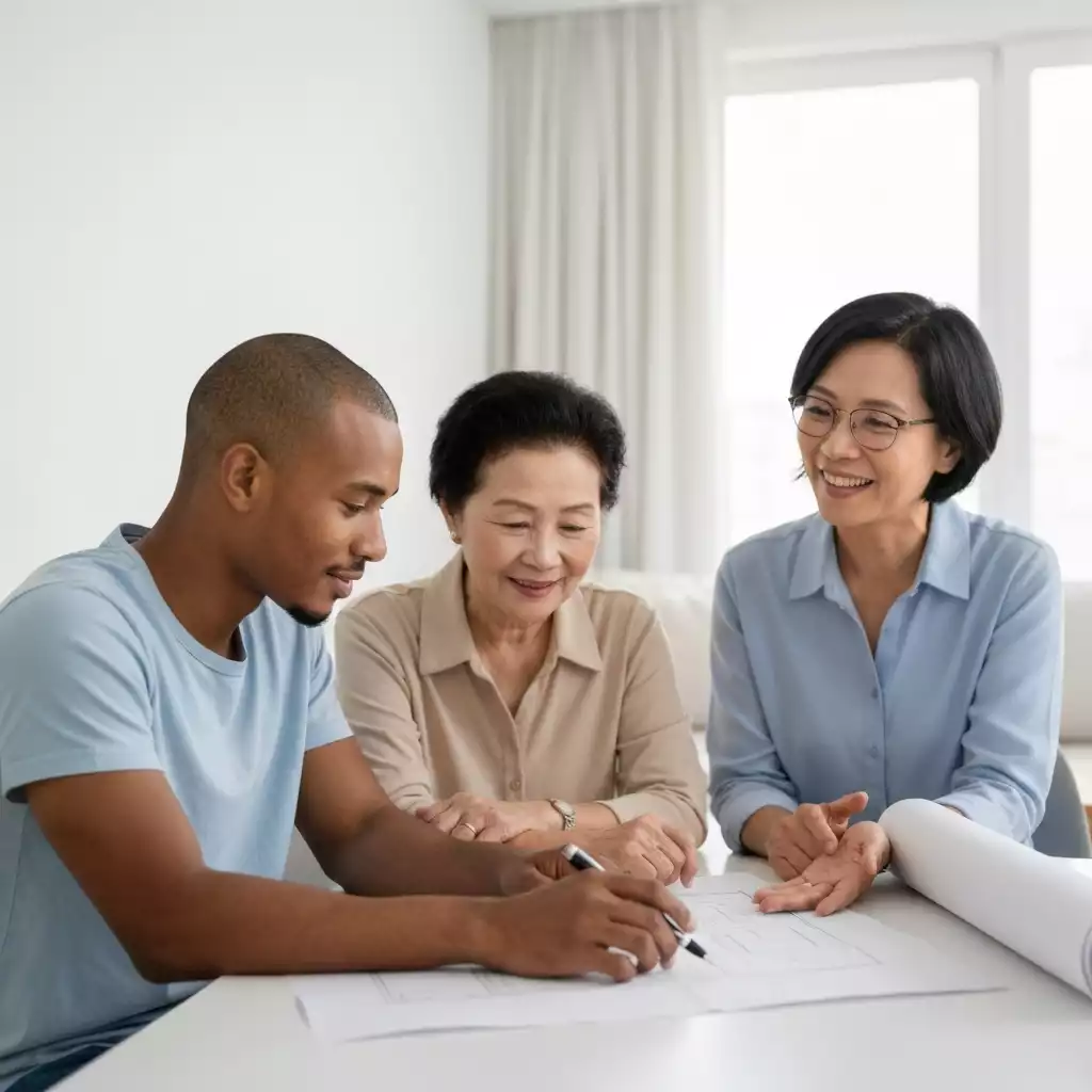 Couple looking at house blueprints, discussing mortgage options, symbolizing homeownership.