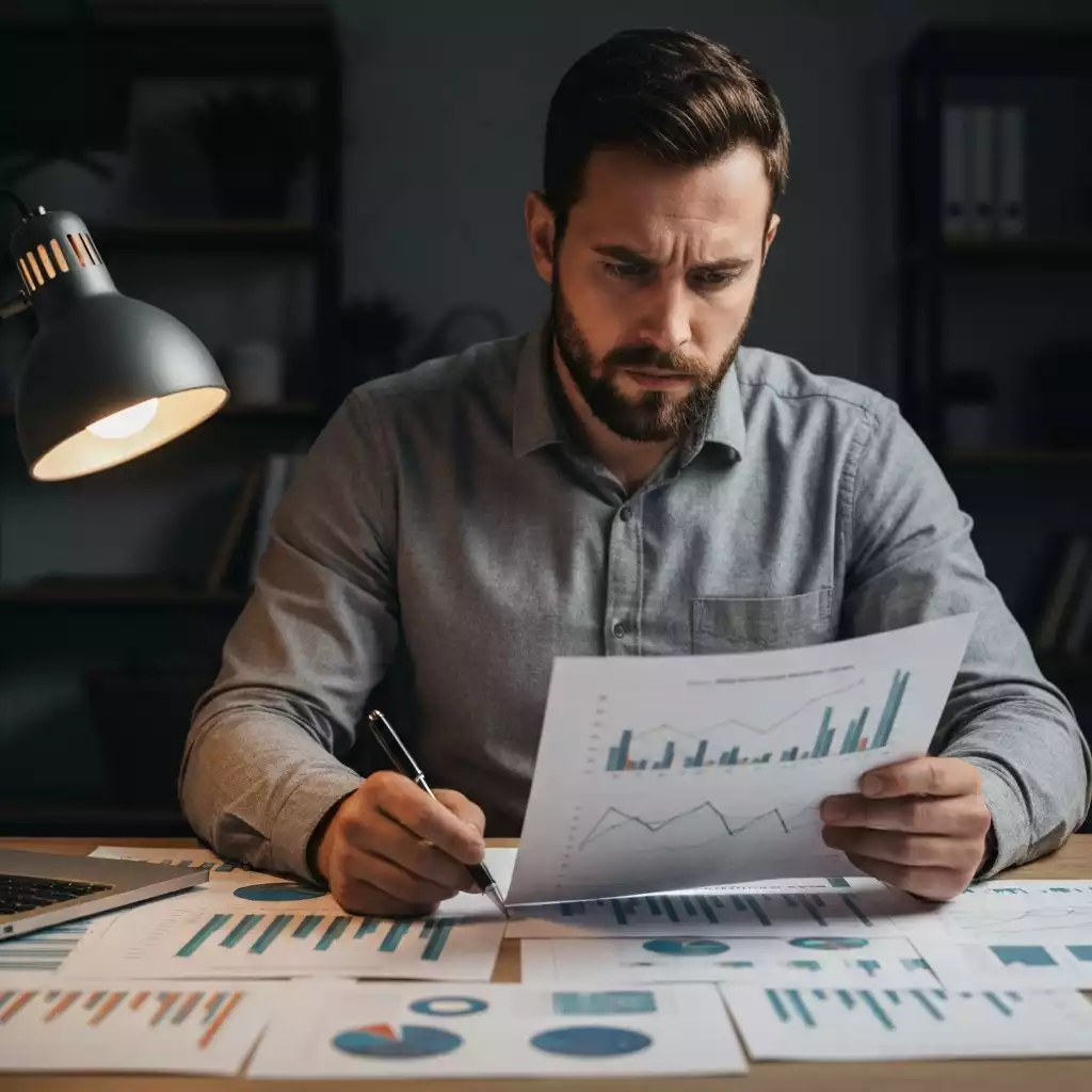 Person reviewing financial documents at a desk, looking concerned, with graphs and charts in the background, no text, no words, no typography, no labels, clean image