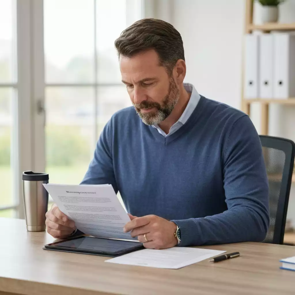 Person reviewing mortgage documents on a tablet with a pen and coffee. Focus on clarity and financial planning.