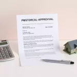 Calculator, approval document, pen, and small house model on a desk, symbolizing real estate transaction and financing.