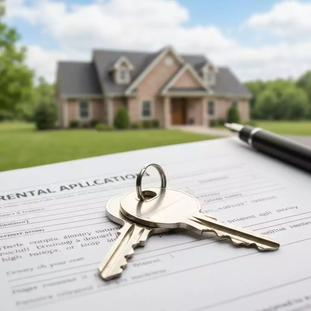 Keys on a rental application form with a house in the background, symbolizing renting out a home