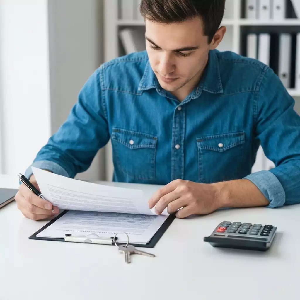 Person reviewing mortgage documents with a pen, calculator, and house keys on a table, symbolizing financial planning