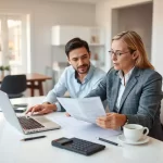 Two professionals reviewing documents at a desk with a laptop, calculator, and coffee in a modern office setting.