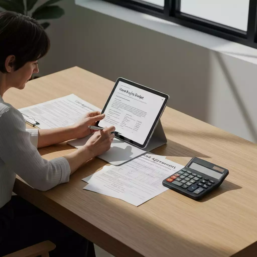 Person reviewing a home buying budget on a tablet with financial documents