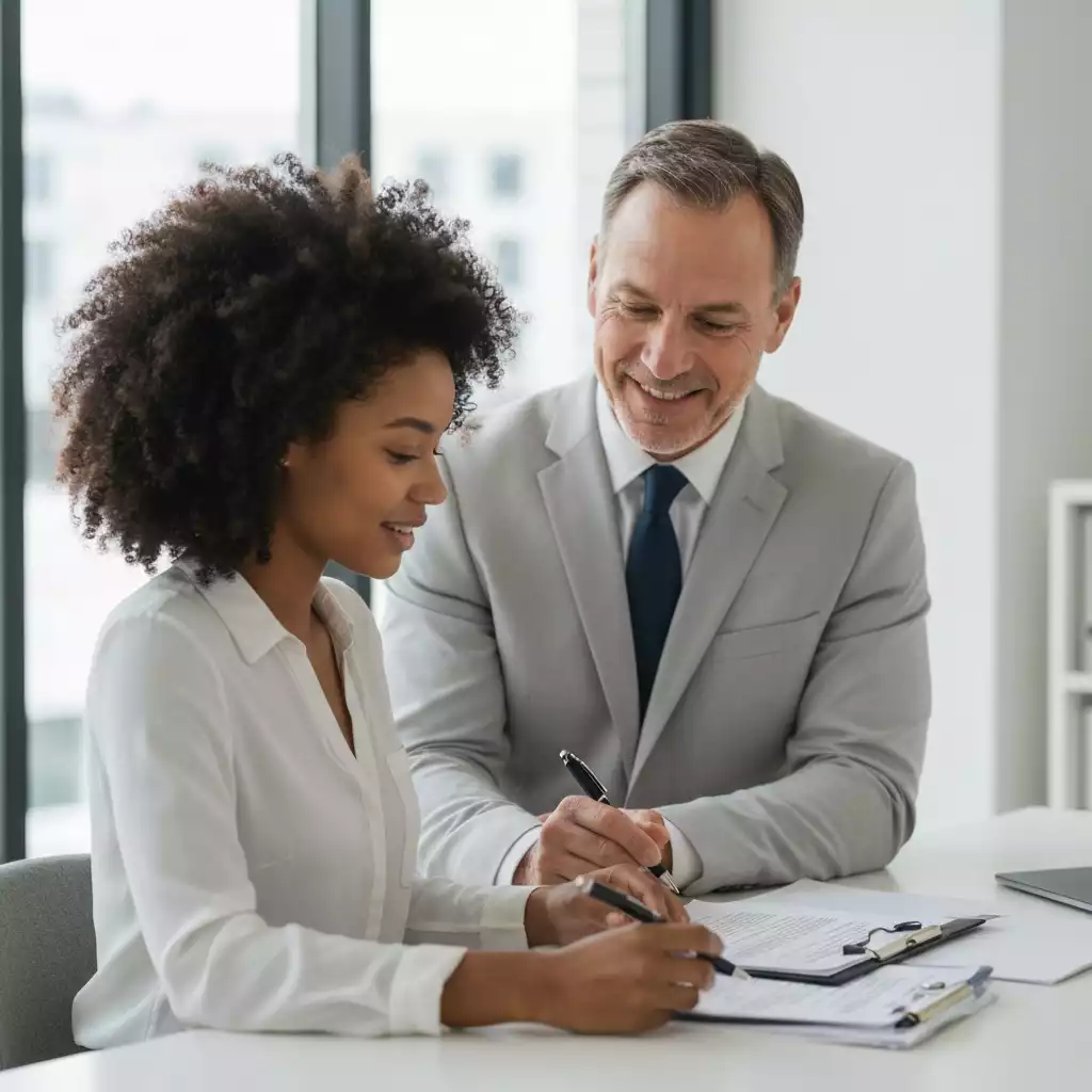 Homebuyer reviewing documents and negotiating closing costs with a real estate agent