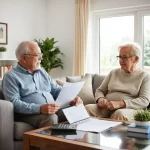 Elderly couple reviewing documents and bills together on a cozy living room sofa, with a calculator on the coffee table.