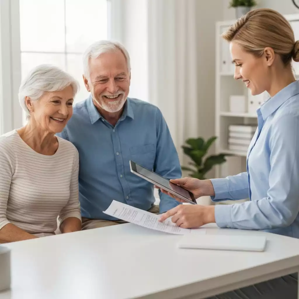 Senior couple happily discussing financial plans with a professional advisor, looking at documents on a tablet