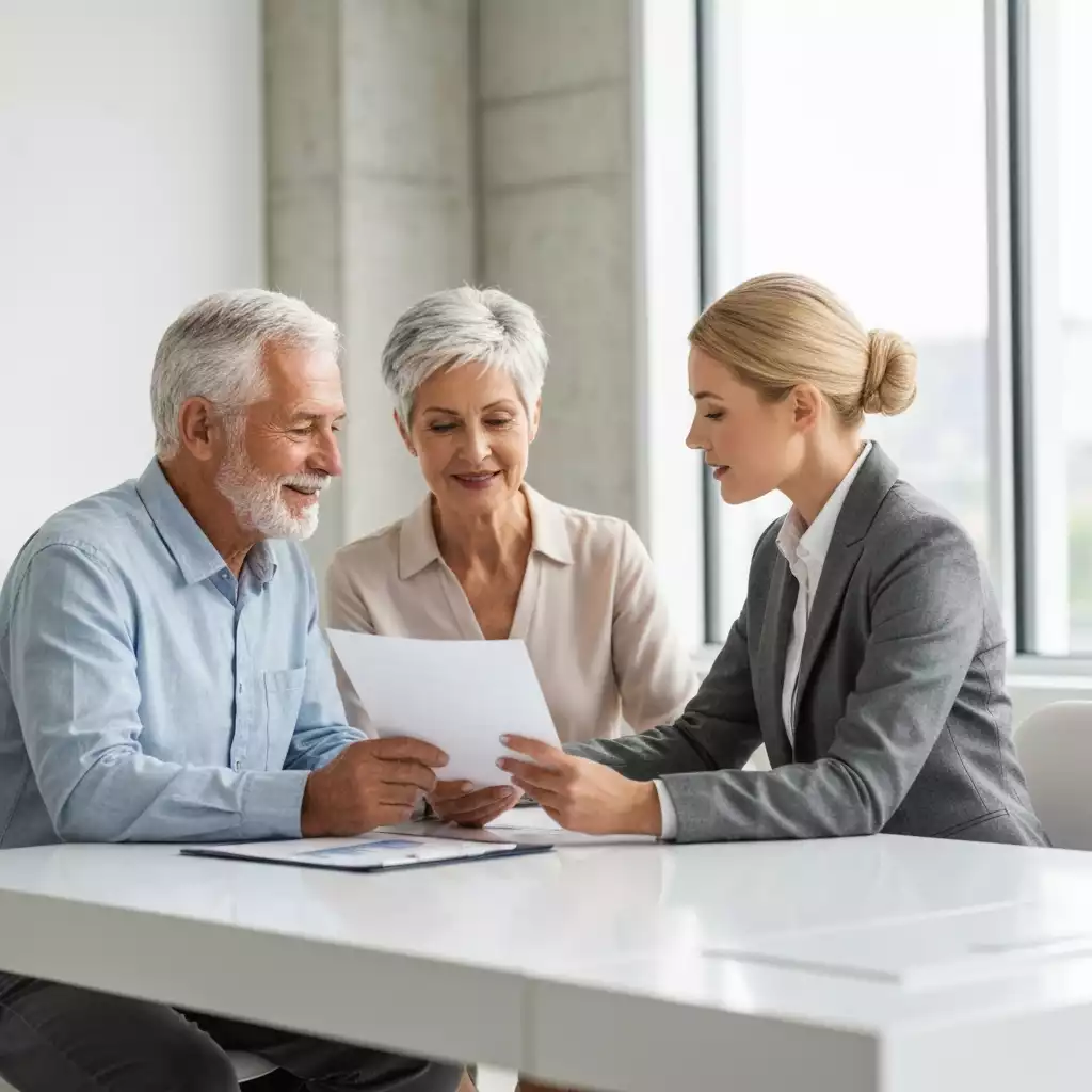 Senior couple consulting with a financial advisor about reverse mortgages, discussing documents at a table