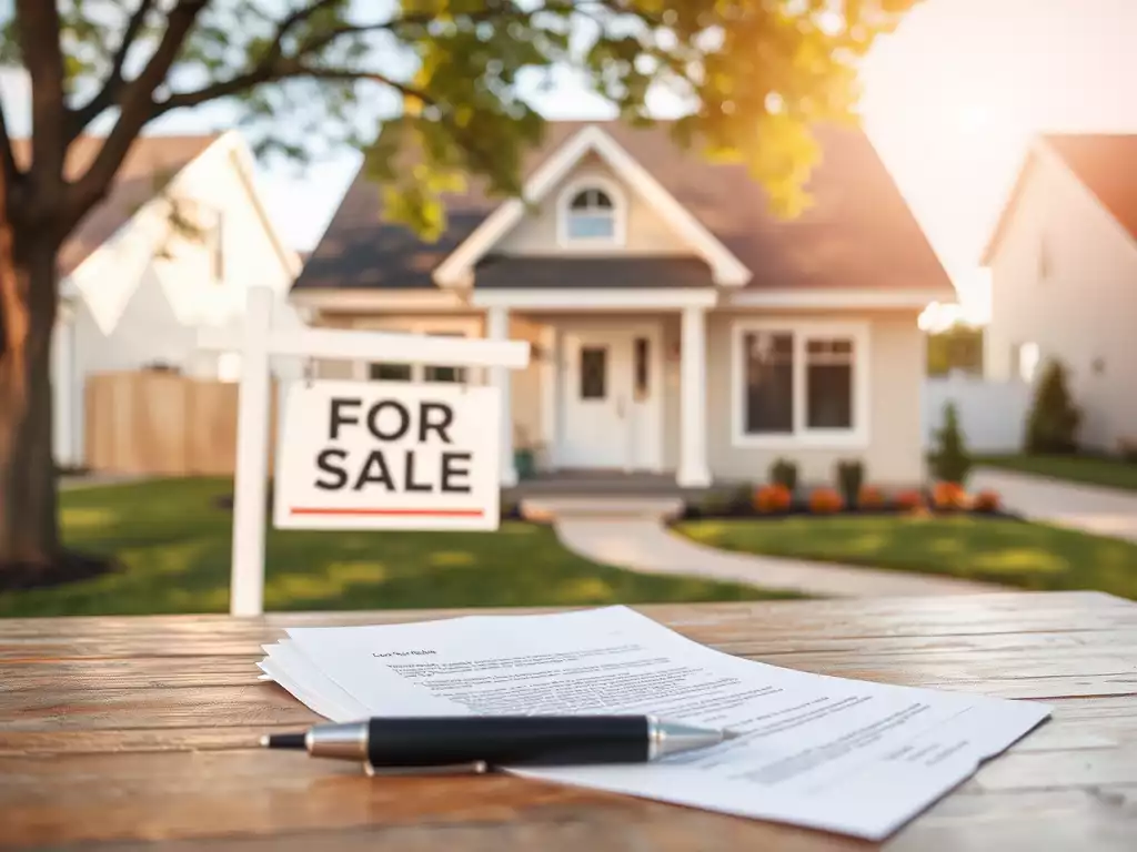 House for sale with contract and pen on table in foreground, sunny day, suburban neighborhood setting.